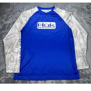 Huk Performance Fishing Kids Large L Long Sleeve Shirt Blue Camo Yeti Logo